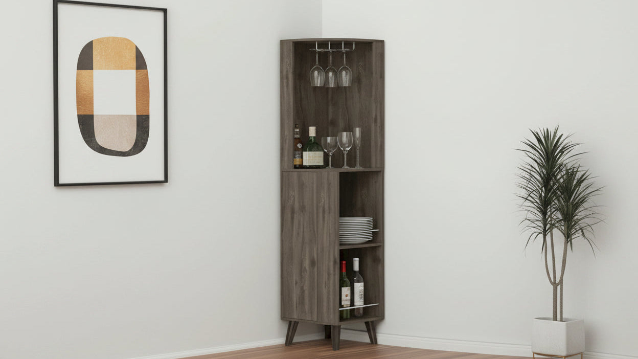 Corner Bar Cabinet with Drawer, Wine Glass Holder, and 3-Tier Storage - Dark Brown, 73H x 18W x 17.72D