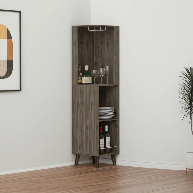 HomeRoots 73 Dark Brown Wood Corner Bar Cabinet With One Drawer