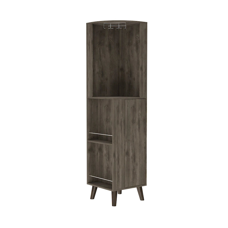 Corner Bar Cabinet with Drawer, Wine Glass Holder, and 3-Tier Storage - Dark Brown, 73H x 18W x 17.72D