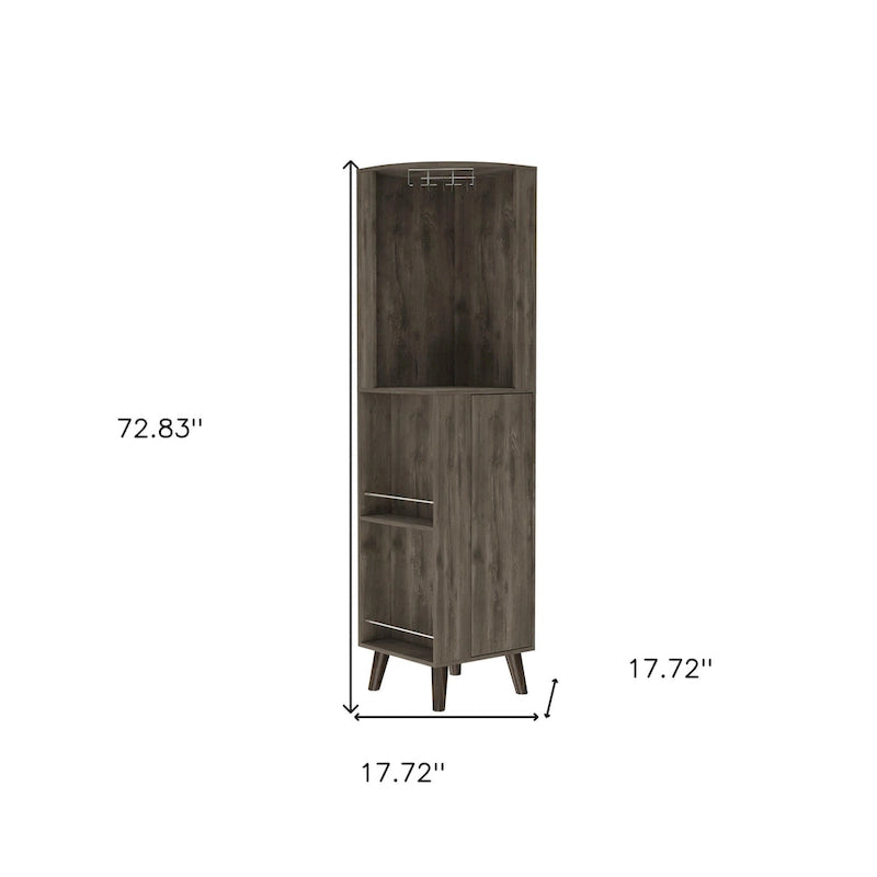 Corner Bar Cabinet with Drawer, Wine Glass Holder, and 3-Tier Storage - Dark Brown, 73H x 18W x 17.72D