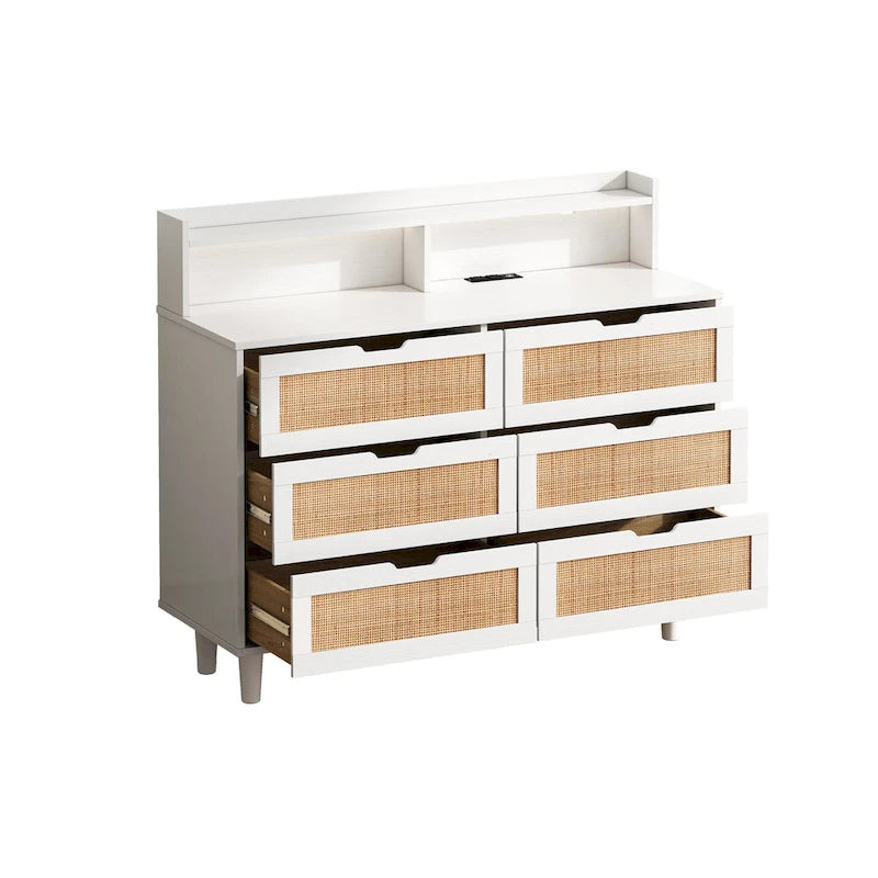 Ladekast met 6 laden, rotan accenten, LED-verlichting en stopcontact - Wit, 43,3B x 15,75D x 37,2H
