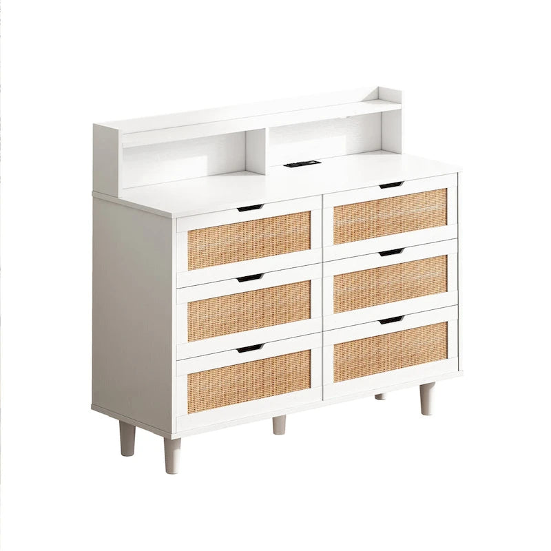 Ladekast met 6 laden, rotan accenten, LED-verlichting en stopcontact - Wit, 43,3B x 15,75D x 37,2H