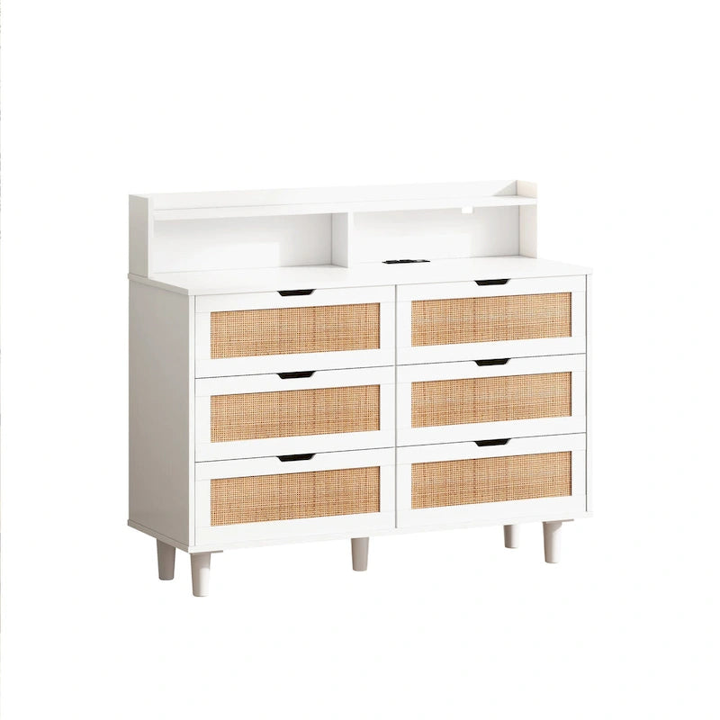 Ladekast met 6 laden, rotan accenten, LED-verlichting en stopcontact - Wit, 43,3B x 15,75D x 37,2H