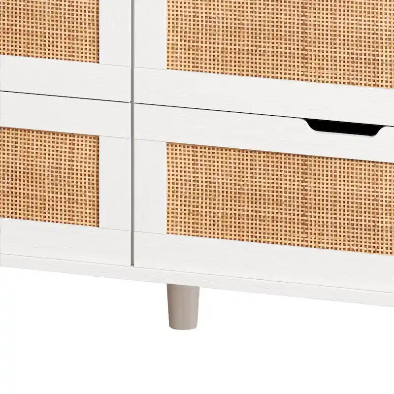 Ladekast met 6 laden, rotan accenten, LED-verlichting en stopcontact - Wit, 43,3B x 15,75D x 37,2H