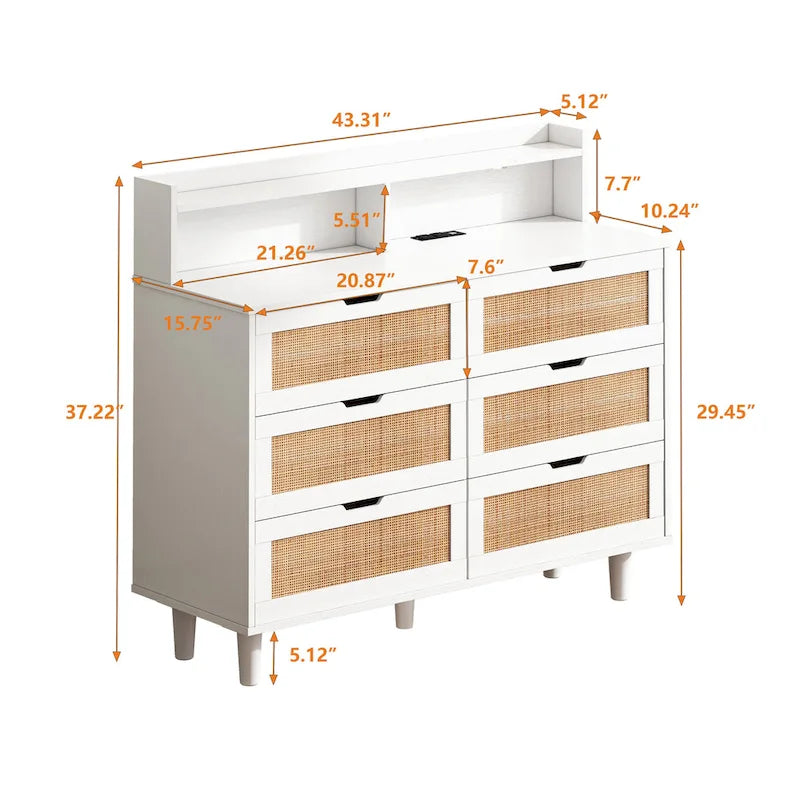 Ladekast met 6 laden, rotan accenten, LED-verlichting en stopcontact - Wit, 43,3B x 15,75D x 37,2H