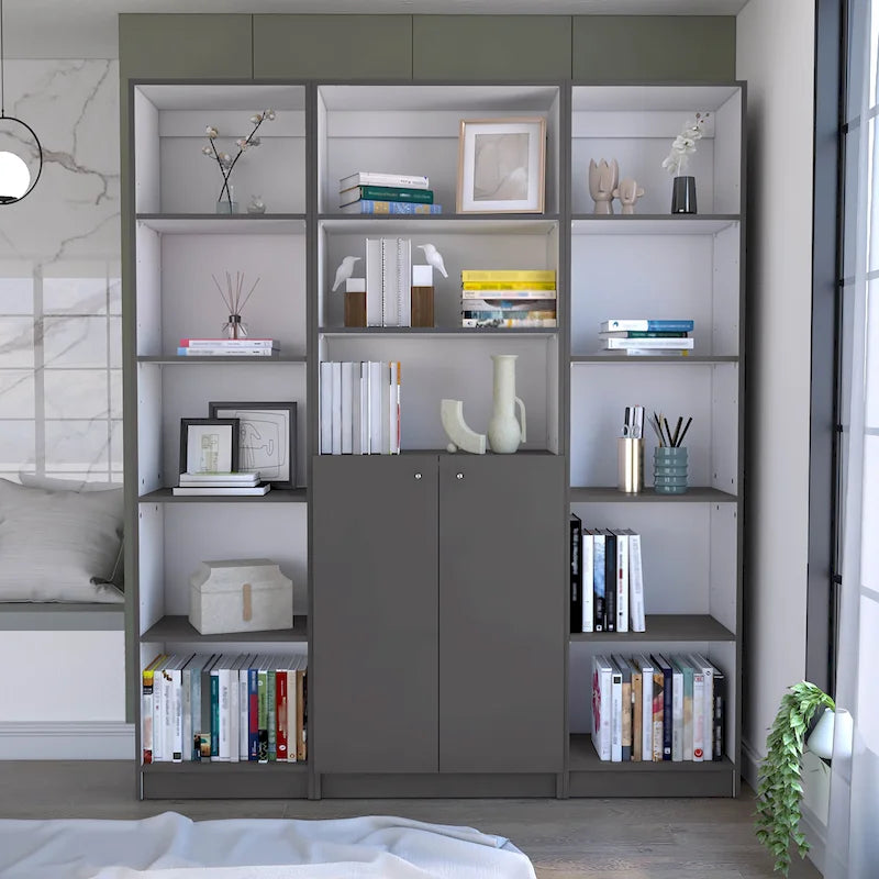 60-Inch 3-Piece Bookcase Set with Cabinet - 13 Shelves, Matt Gray and White