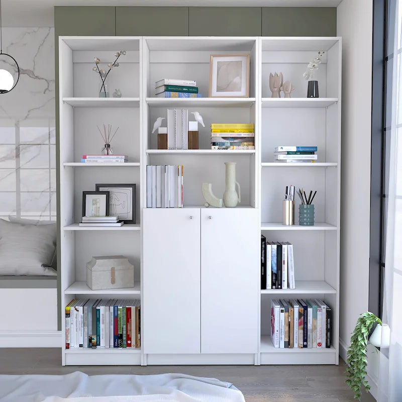 60-Inch 3-Piece Bookcase Set with Cabinet - 13 Shelves, Matt Gray and White