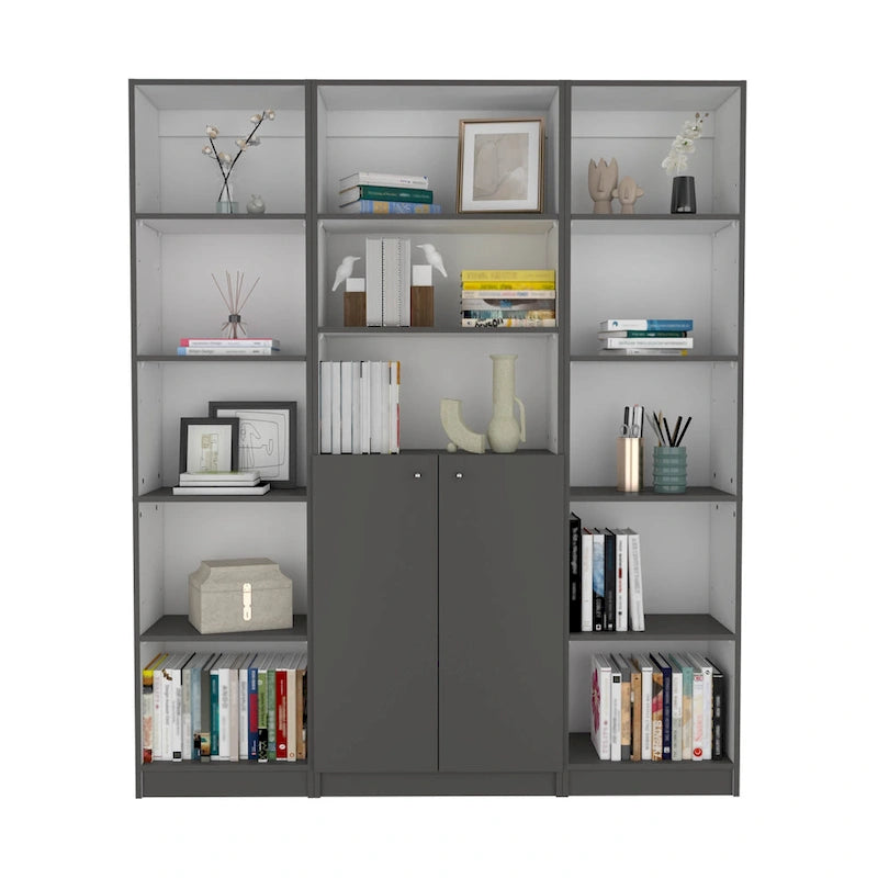 60-Inch 3-Piece Bookcase Set with Cabinet - 13 Shelves, Matt Gray and White