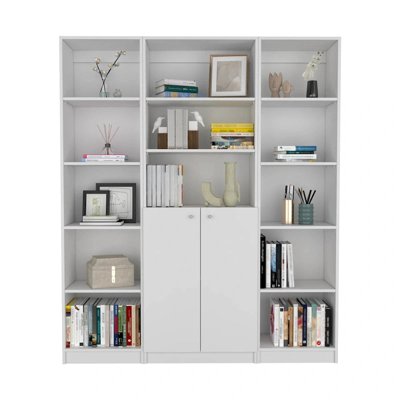 60-inch 3-delige Boekenkastenset met Kastje - 13 Planken, Mat Grijs en Wit
