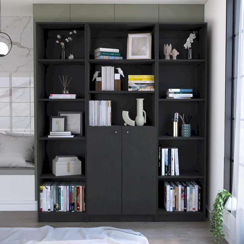 60-inch 3-delige Boekenkastenset met Kastje - 13 Planken, Mat Grijs en Wit