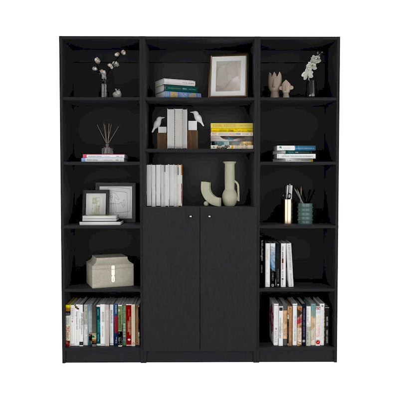 60-inch 3-delige Boekenkastenset met Kastje - 13 Planken, Mat Grijs en Wit
