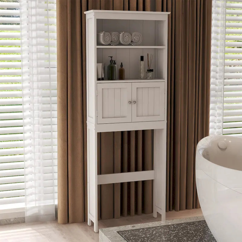 2-Tier Over-Toilet Bathroom Spacesaver Storage Shelf with 2 Doors - White MDF