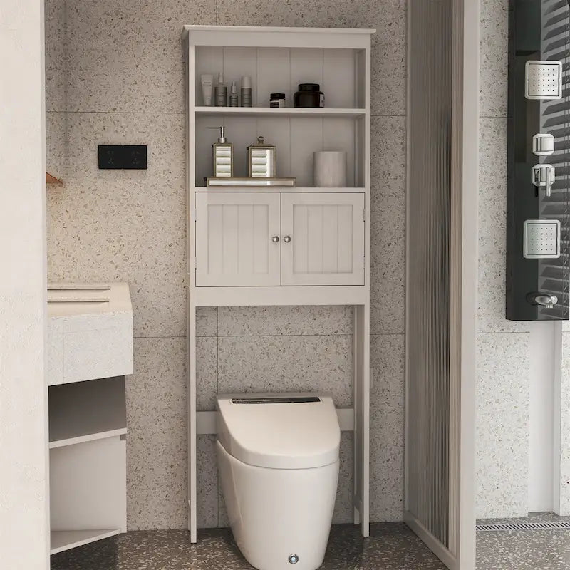2-Tier Over-Toilet Bathroom Spacesaver Storage Shelf with 2 Doors - White MDF