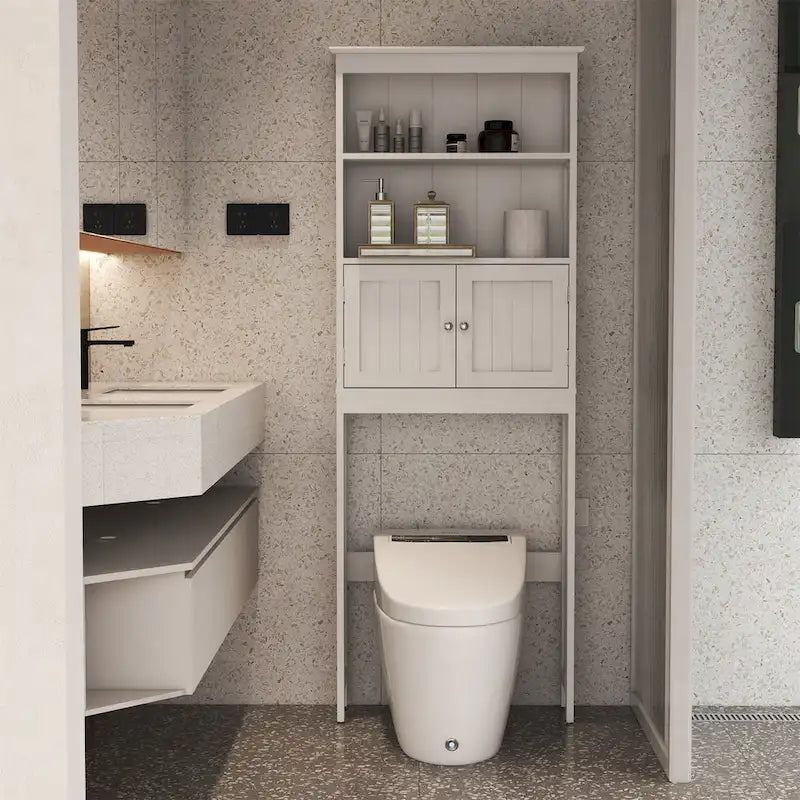 2-Tier Over-Toilet Bathroom Spacesaver Storage Shelf with 2 Doors - White MDF
