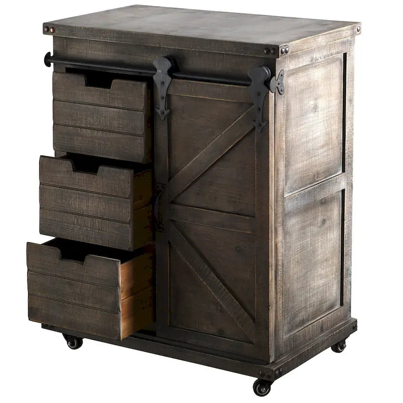 3-Drawer Side Cabinet with Barn Sliding Door - Driftwood Gray, 27W x 15D x 33H