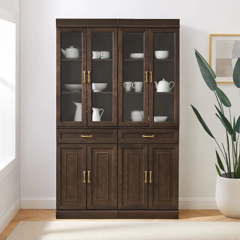 2-Piece Tall Kitchen Storage Pantry Cabinet Set with Glass Doors and Drawers