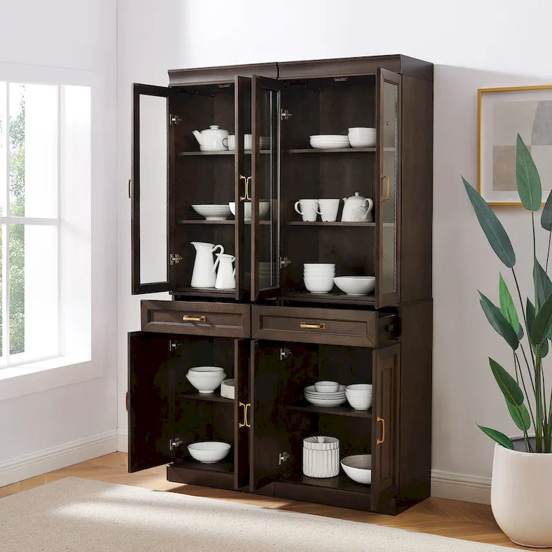 2-Piece Tall Kitchen Storage Pantry Cabinet Set with Glass Doors and Drawers