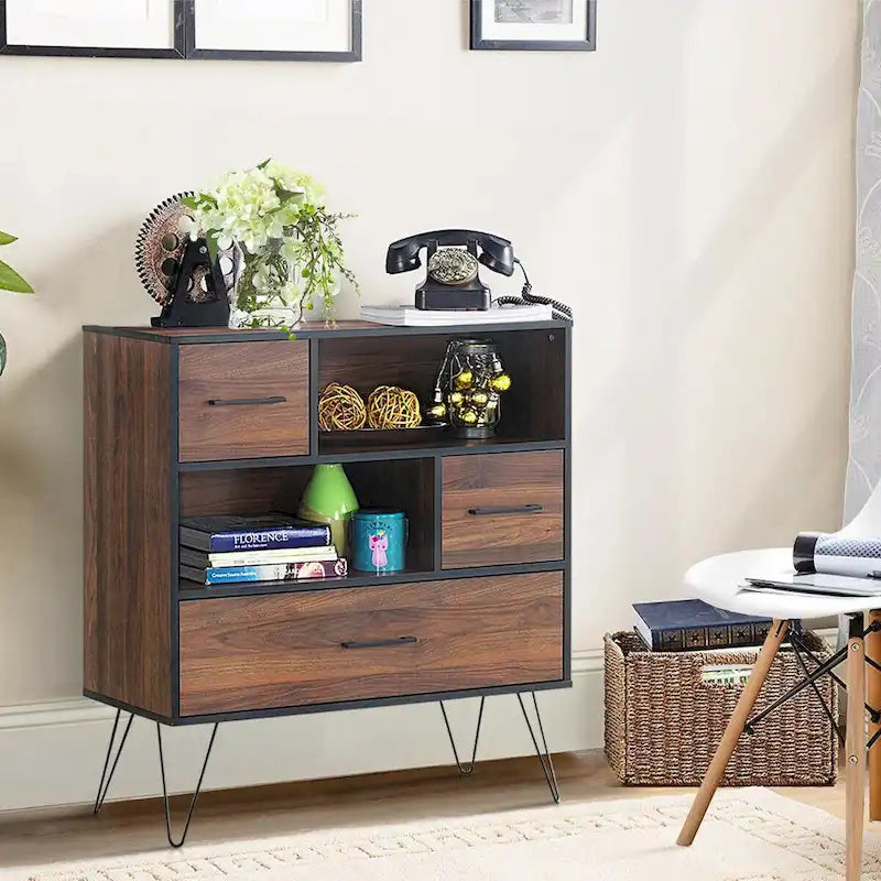 Walnoot Dressoir met Lade, 2 Deuren en Open Planken - 90 cm B x 39 cm D x 102 cm H