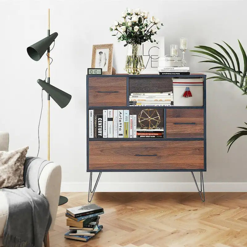 Walnut Sideboard Cabinet with Drawer, 2 Doors, and Open Shelves - 35.5W x 15.5D x 40H