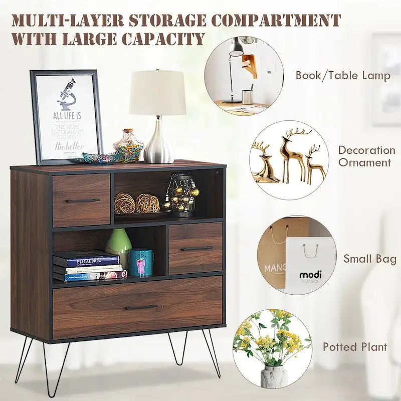Walnoot Dressoir met Lade, 2 Deuren en Open Planken - 90 cm B x 39 cm D x 102 cm H