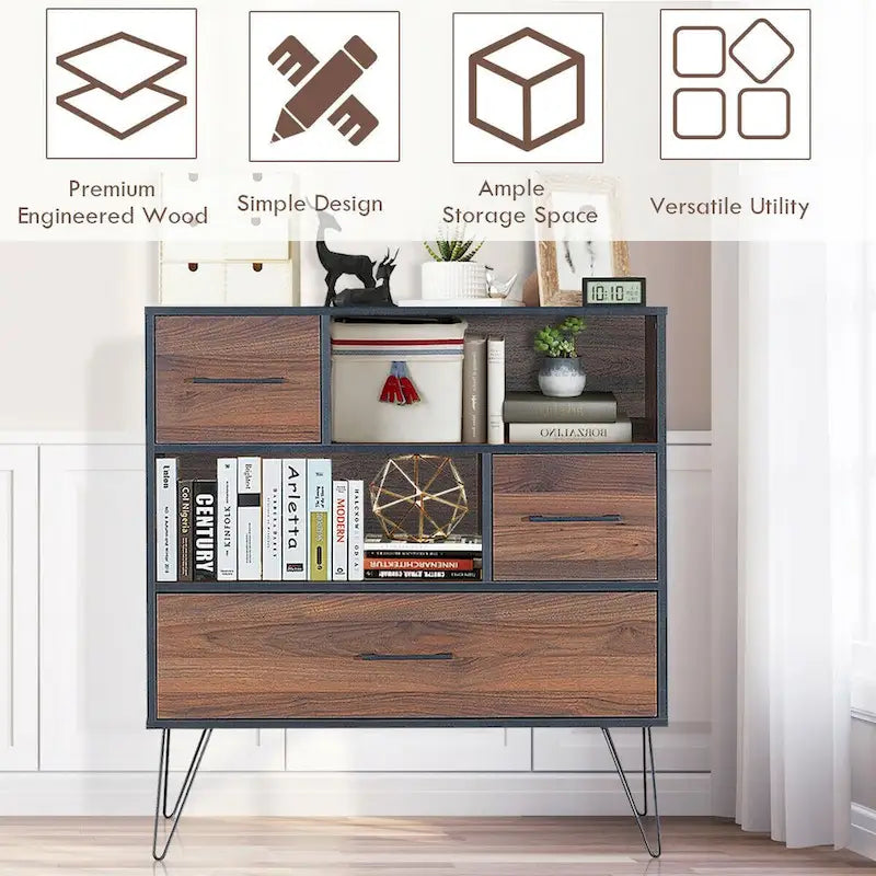 Walnoot Dressoir met Lade, 2 Deuren en Open Planken - 90 cm B x 39 cm D x 102 cm H