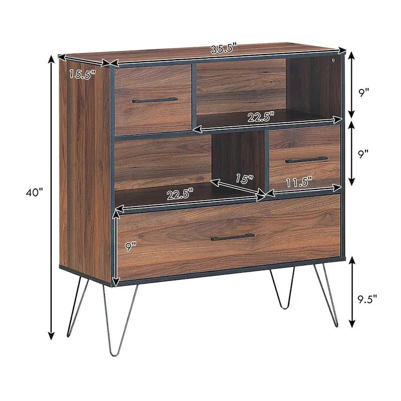 Walnoot Dressoir met Lade, 2 Deuren en Open Planken - 90 cm B x 39 cm D x 102 cm H
