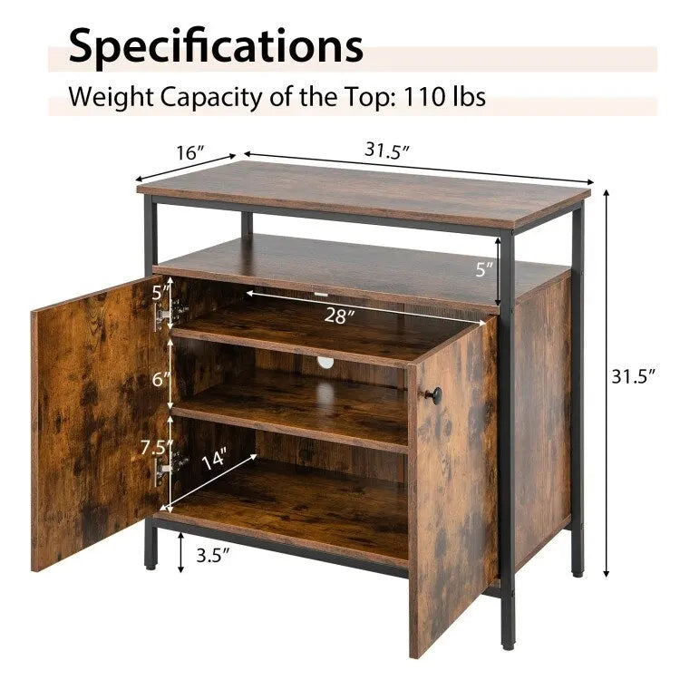 Industriële 2-Deurs Dressoirkast met Schappen en Kabelmanagement - 80x40x80 cm