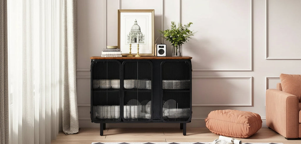 Vintage Accent Cabinet with Hazy Tempered Glass Door and Shelves, Kitchen Sideboard Buffet, Entry Cabinet
