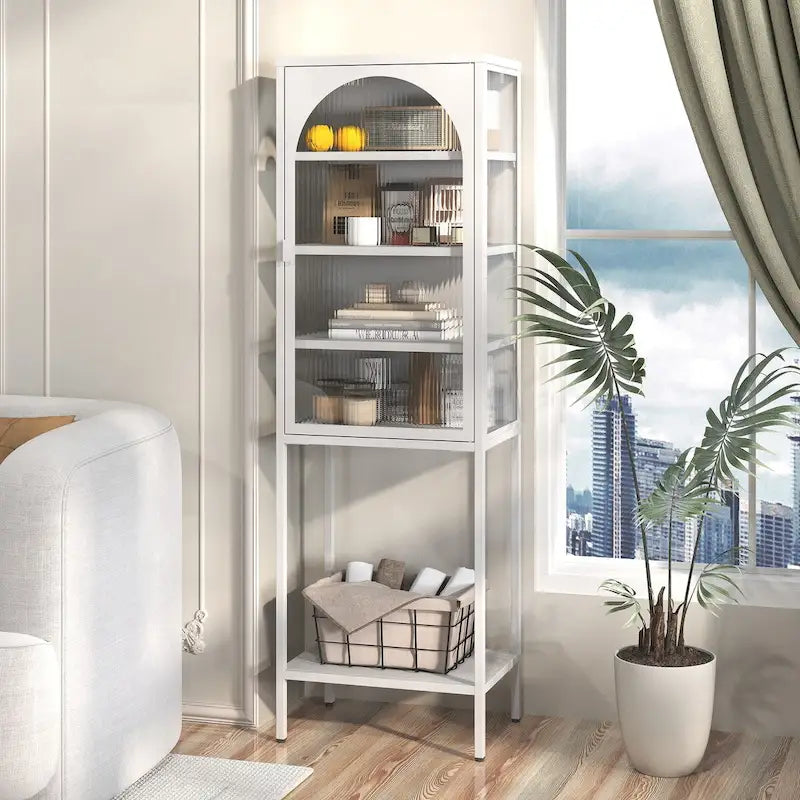 5-Tier Metal Cabinet with Tempered Glass Doors and Adjustable Shelves