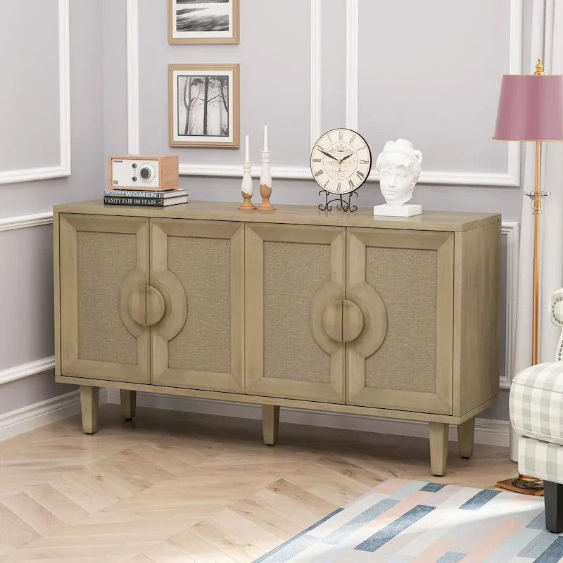 Vintage 4-Door Linen Cabinet with Adjustable Shelf and Half-Moon Handles - 59.84W x 15.75D x 32.68H
