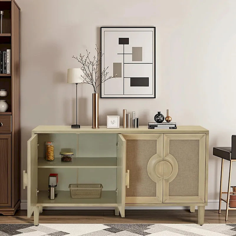 Vintage 4-Door Linen Cabinet with Adjustable Shelf and Half-Moon Handles - 59.84W x 15.75D x 32.68H