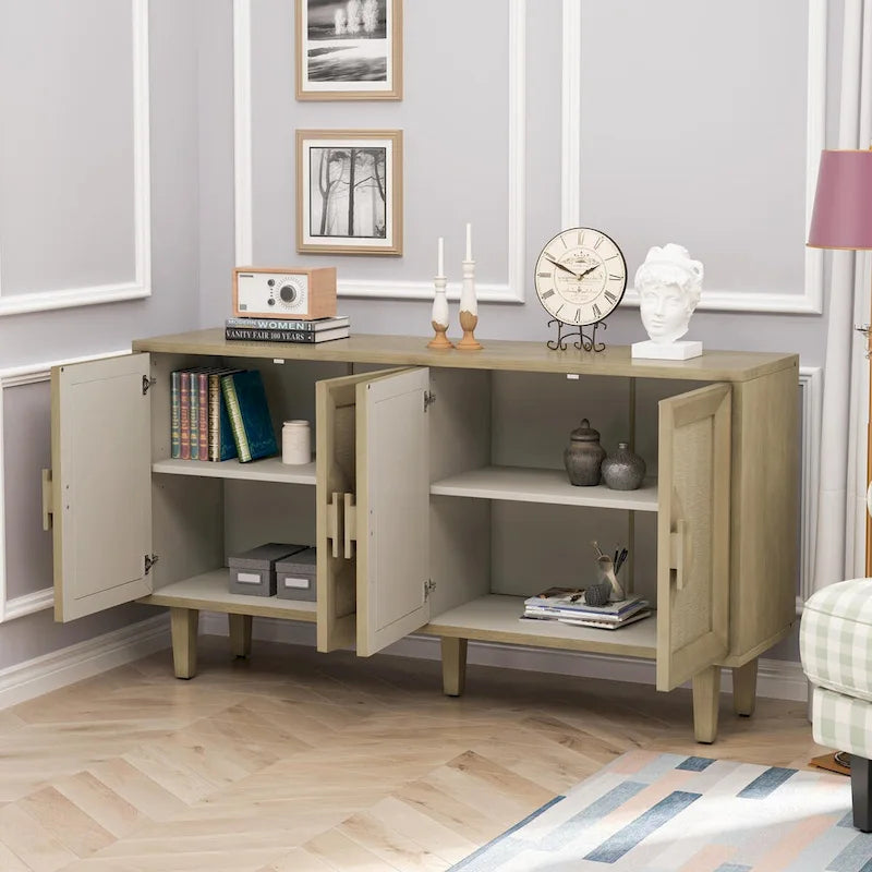 Vintage 4-Door Linen Cabinet with Adjustable Shelf and Half-Moon Handles - 59.84W x 15.75D x 32.68H