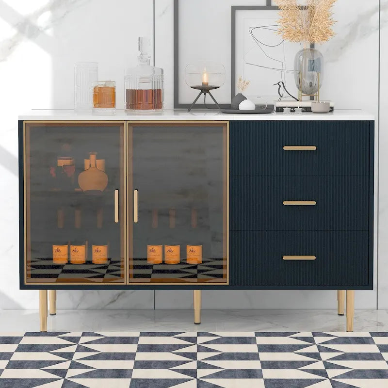 Modern Dressoir Buffetkast met Glazen Deuren, 3 Lades en Goudkleurige Metalen Poten