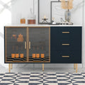 Modern Dressoir Buffetkast met Glazen Deuren, 3 Lades en Goudkleurige Metalen Poten