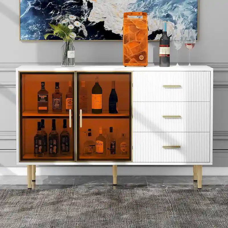 Modern Dressoir Buffetkast met Glazen Deuren, 3 Lades en Goudkleurige Metalen Poten