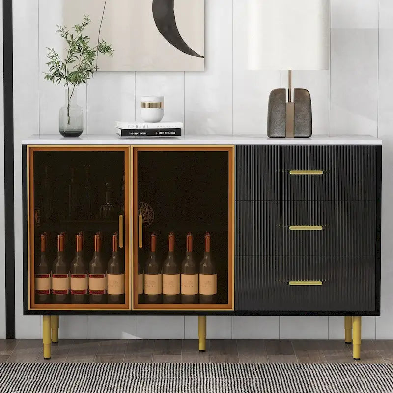 Modern Dressoir Buffetkast met Glazen Deuren, 3 Lades en Goudkleurige Metalen Poten
