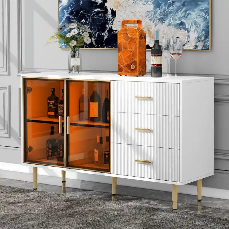 Modern Dressoir Buffetkast met Glazen Deuren, 3 Lades en Goudkleurige Metalen Poten