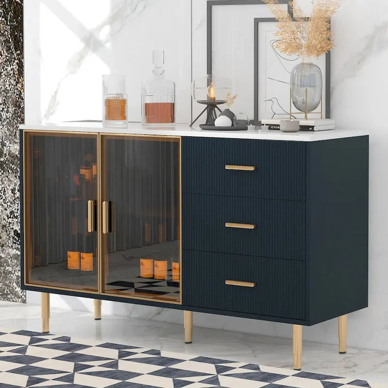 Modern Dressoir Buffetkast met Glazen Deuren, 3 Lades en Goudkleurige Metalen Poten