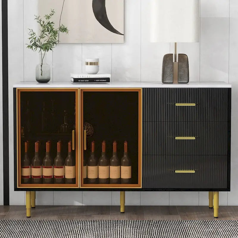 Modern Dressoir Buffetkast met Glazen Deuren, 3 Lades en Goudkleurige Metalen Poten