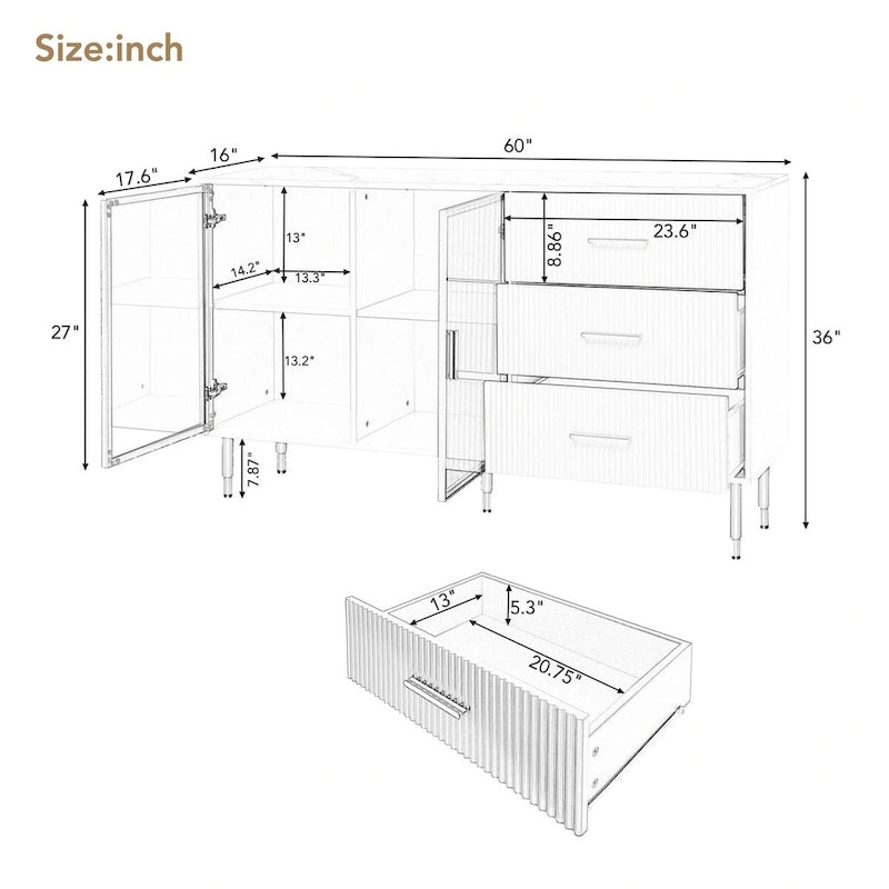 Modern Dressoir Buffetkast met Glazen Deuren, 3 Lades en Goudkleurige Metalen Poten