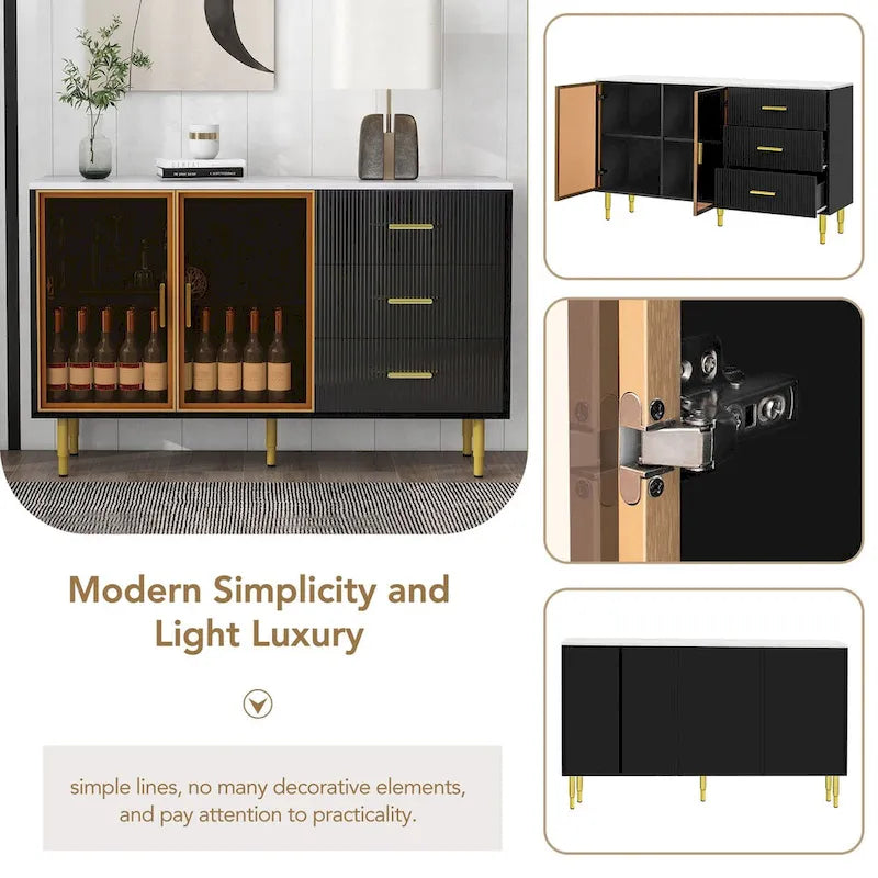 Modern Dressoir Buffetkast met Glazen Deuren, 3 Lades en Goudkleurige Metalen Poten