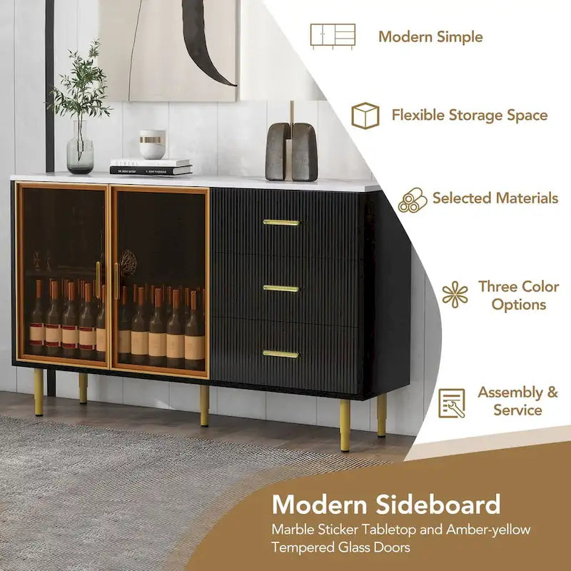 Modern Dressoir Buffetkast met Glazen Deuren, 3 Lades en Goudkleurige Metalen Poten