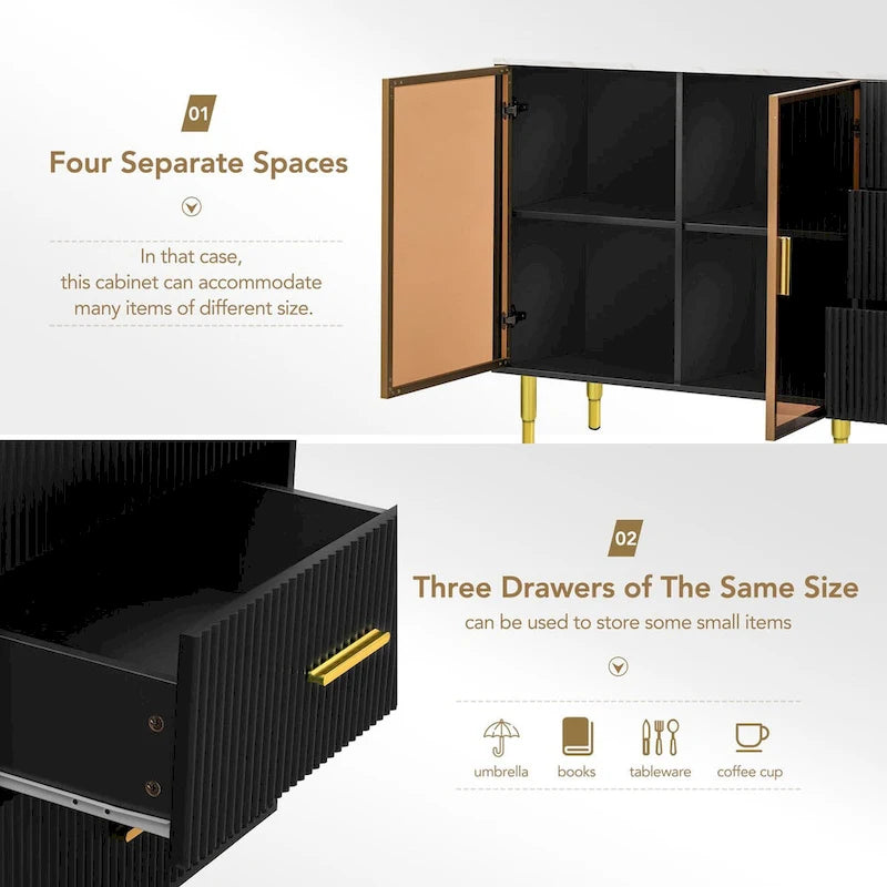 Modern Dressoir Buffetkast met Glazen Deuren, 3 Lades en Goudkleurige Metalen Poten