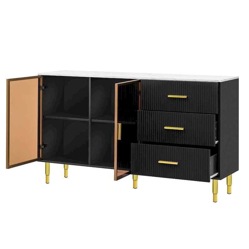 Modern Dressoir Buffetkast met Glazen Deuren, 3 Lades en Goudkleurige Metalen Poten