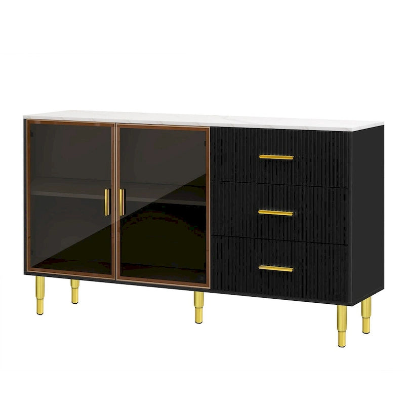 Modern Dressoir Buffetkast met Glazen Deuren, 3 Lades en Goudkleurige Metalen Poten
