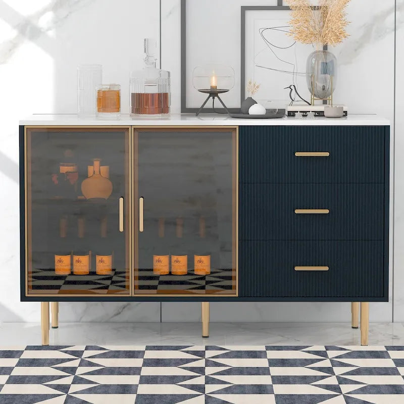 Modern Dressoir Buffetkast met Glazen Deuren, 3 Lades en Goudkleurige Metalen Poten