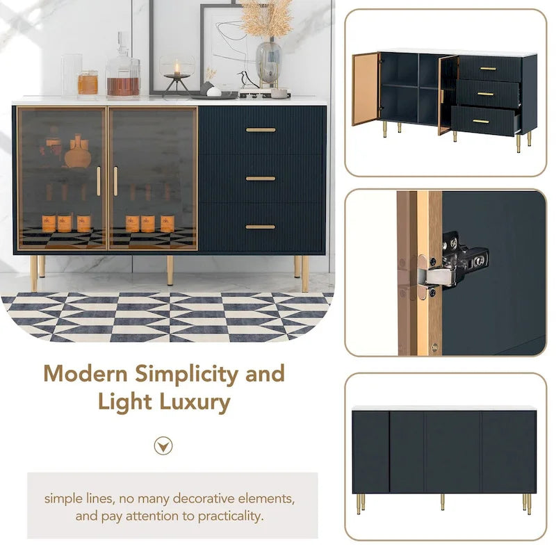 Modern Dressoir Buffetkast met Glazen Deuren, 3 Lades en Goudkleurige Metalen Poten