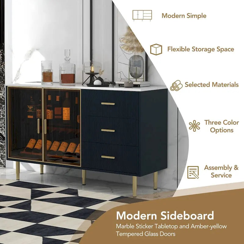 Modern Dressoir Buffetkast met Glazen Deuren, 3 Lades en Goudkleurige Metalen Poten