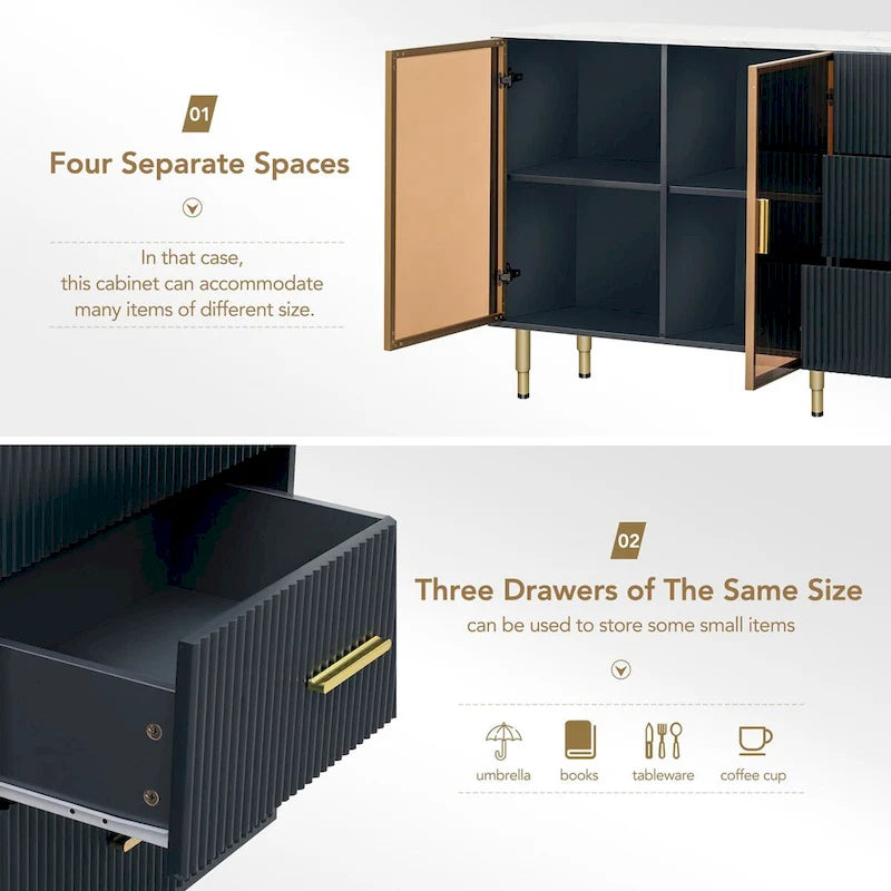 Modern Dressoir Buffetkast met Glazen Deuren, 3 Lades en Goudkleurige Metalen Poten