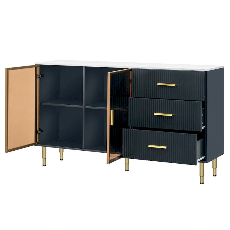 Modern Dressoir Buffetkast met Glazen Deuren, 3 Lades en Goudkleurige Metalen Poten